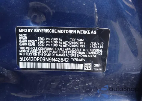 2022 BMW X3 Sdrive30I z USA, uszkodzony, nr VIN 5UX43DP09N9N42642